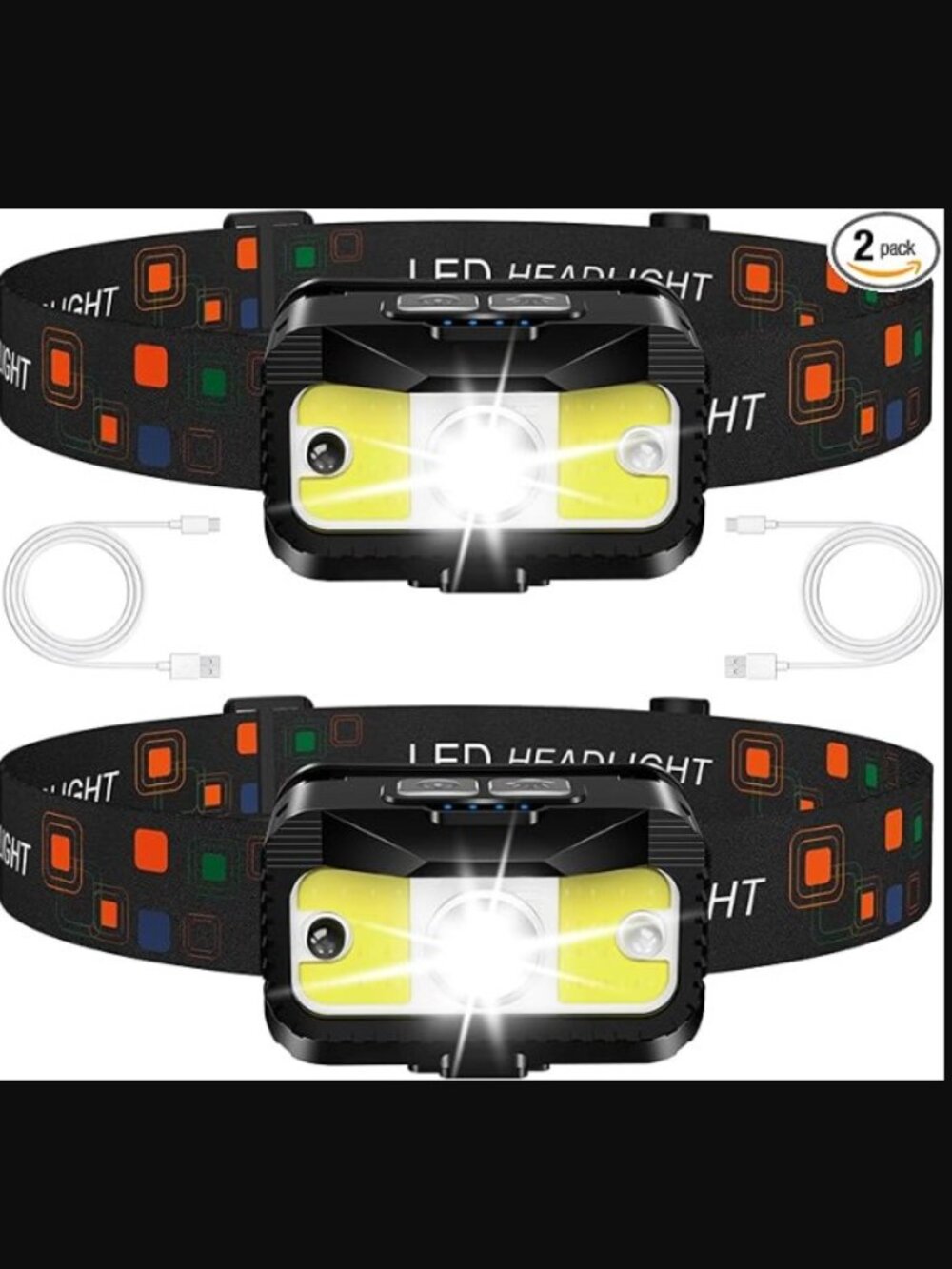 Rechargeable LED Headlamp 2 Pack Motion Sensor White Red Light Waterproof